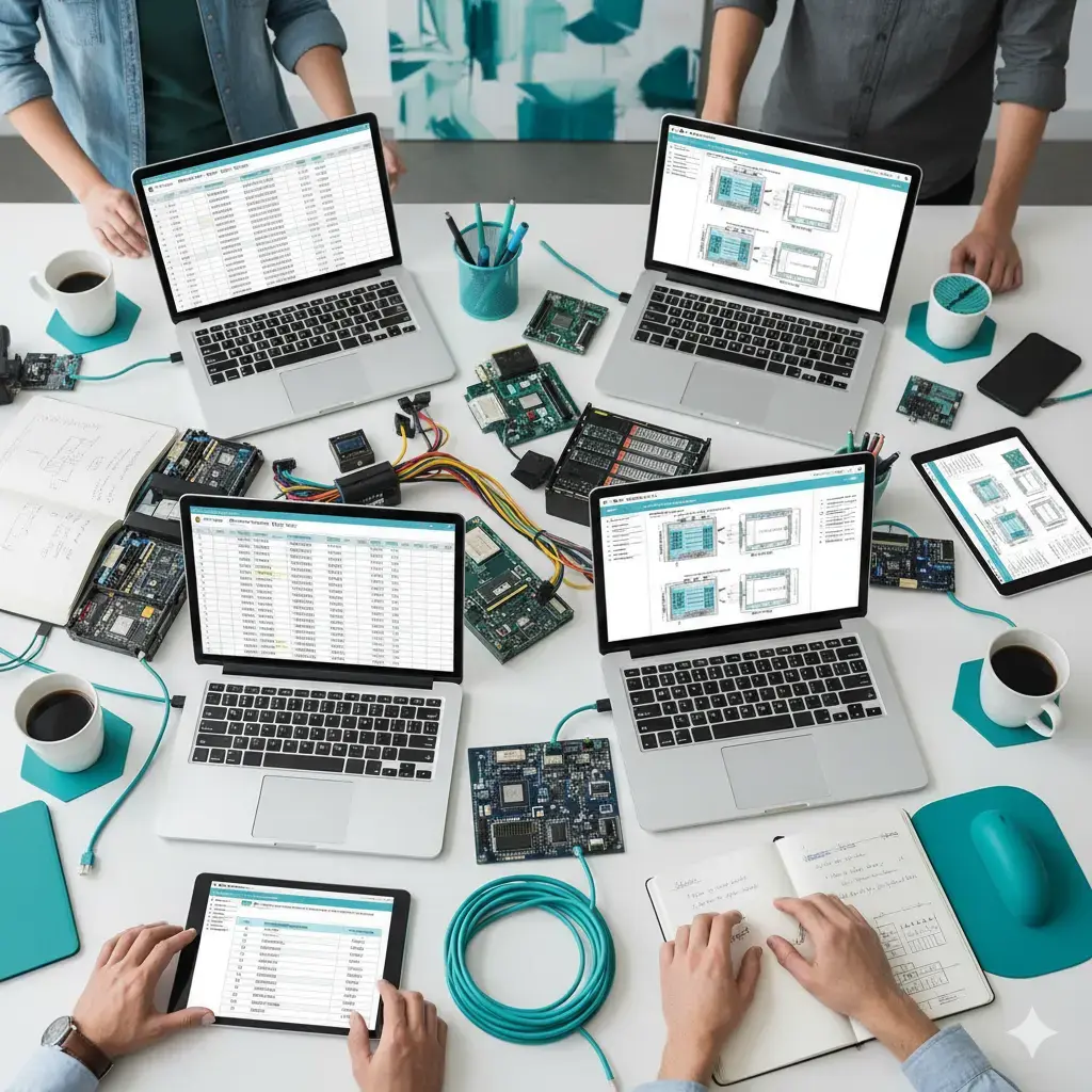 Consultores revisando inventario de hardware y diagramas de red